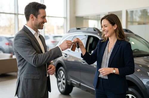 Happy customer receiving car keys